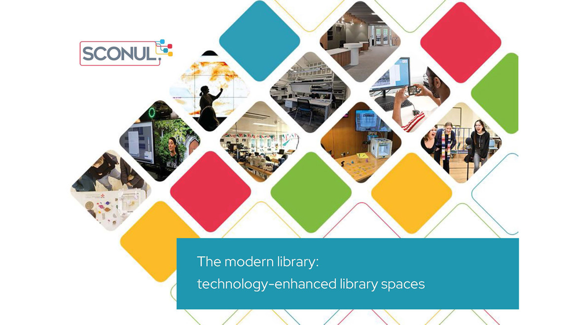 SCONUL colourful collage of a variety of University libraries alongside red, green, blue and yellow diagonal shapes