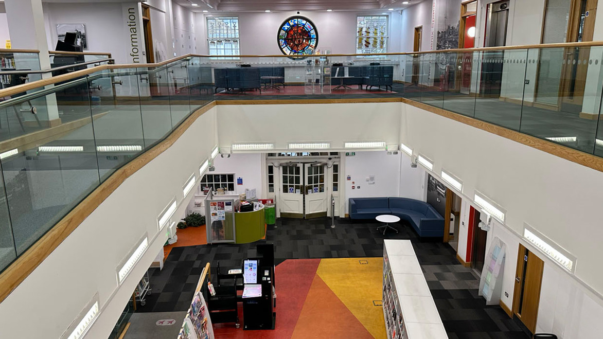 View of the entrance to Ramsgate Library from the Mezzanine first florr level