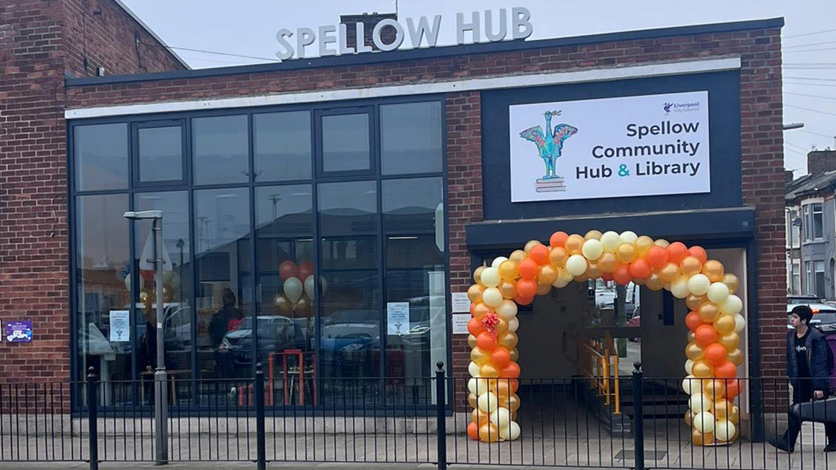 Exterior of Spellow Community Hub Library which reopened in December 2024 after being destroyed by rioters in the Summer