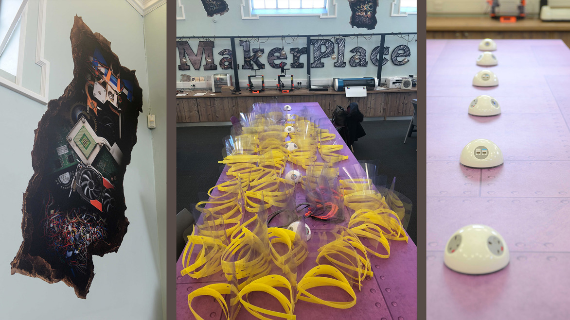 MakerPlace collage showing wall sculpture, 3D printed visors and table socket plugs