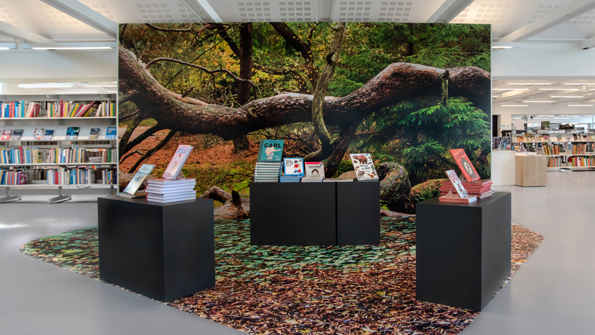 Three book displays in front of a tree bark display poster inside Halsnaes Public Library