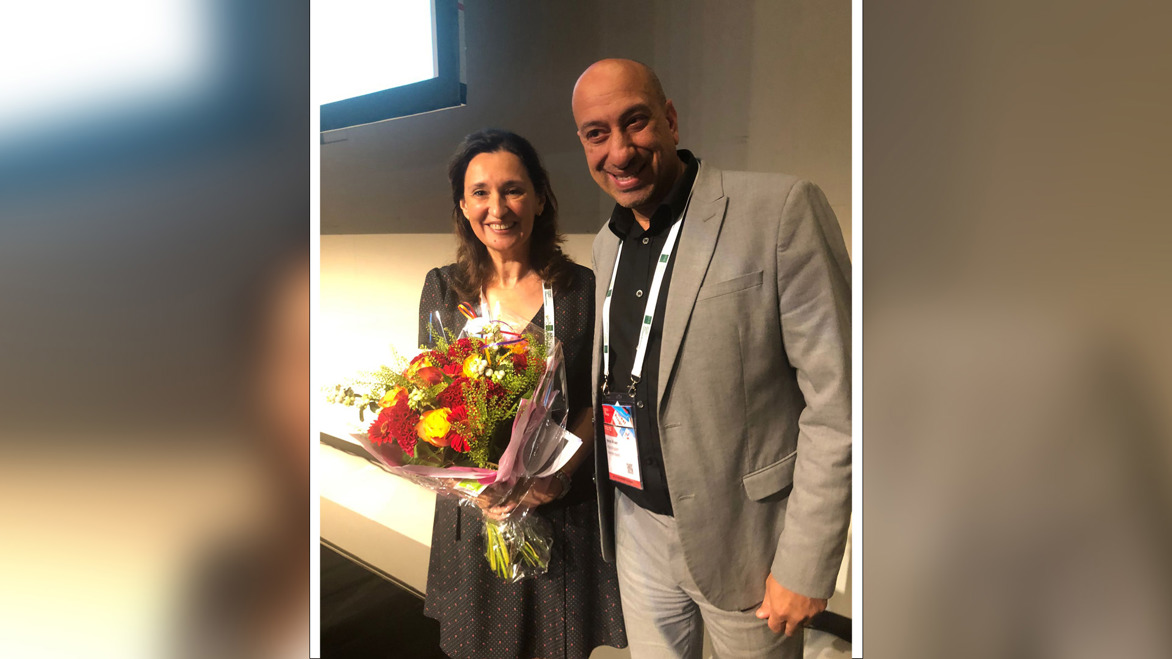 Ayub Khan (MBE) with Neus Castellano, Chief Librarian of the Gabriel Garcia Marquez Library in Barcelona, Spain