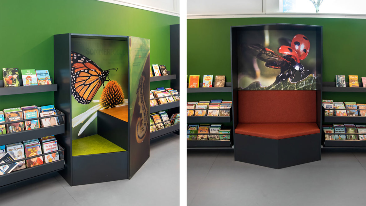 Two side by side photos of natural looking reading alcoves inside Halsnaes Public Library