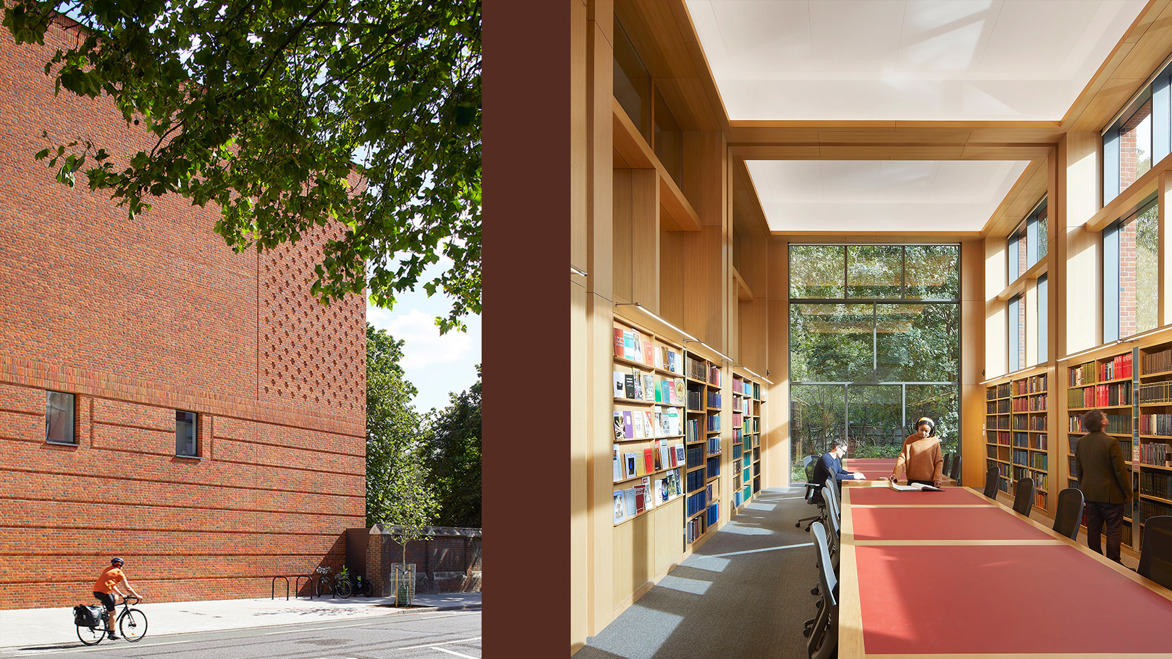 Lambeth Palace Library exterior and wooden panelled interior reading room