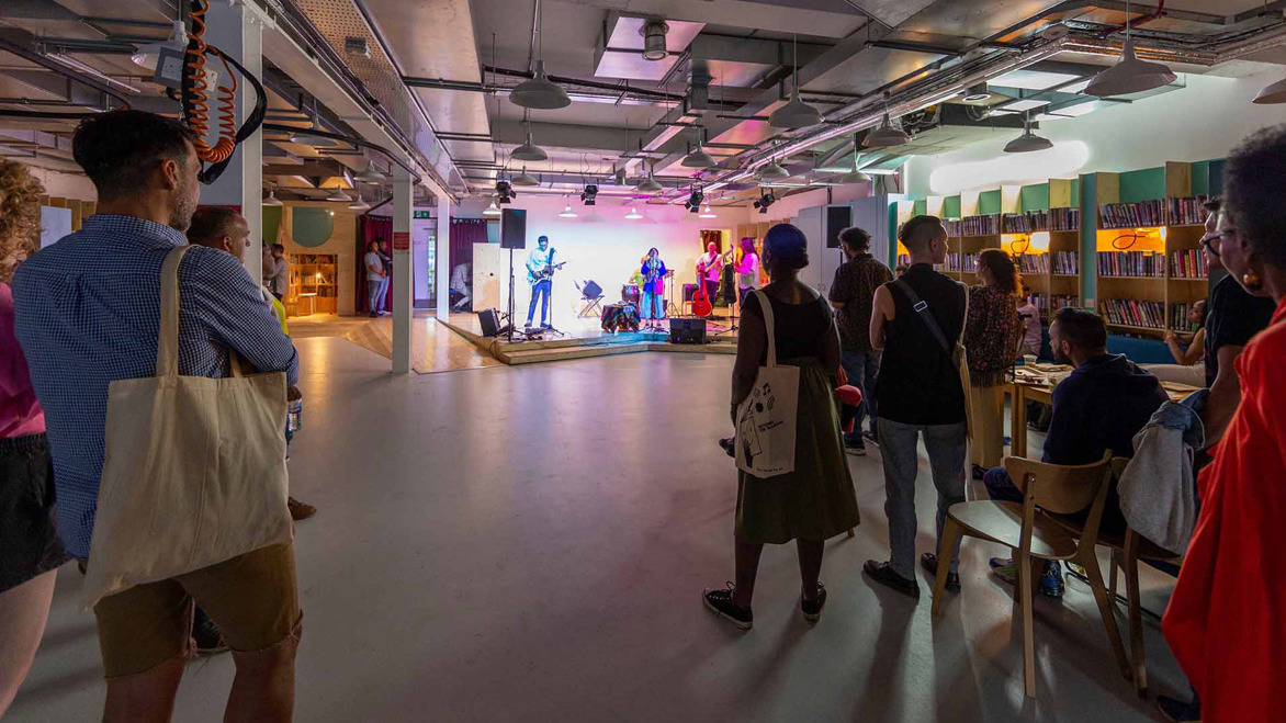 Fore Street Library audience watching a band perform on stage