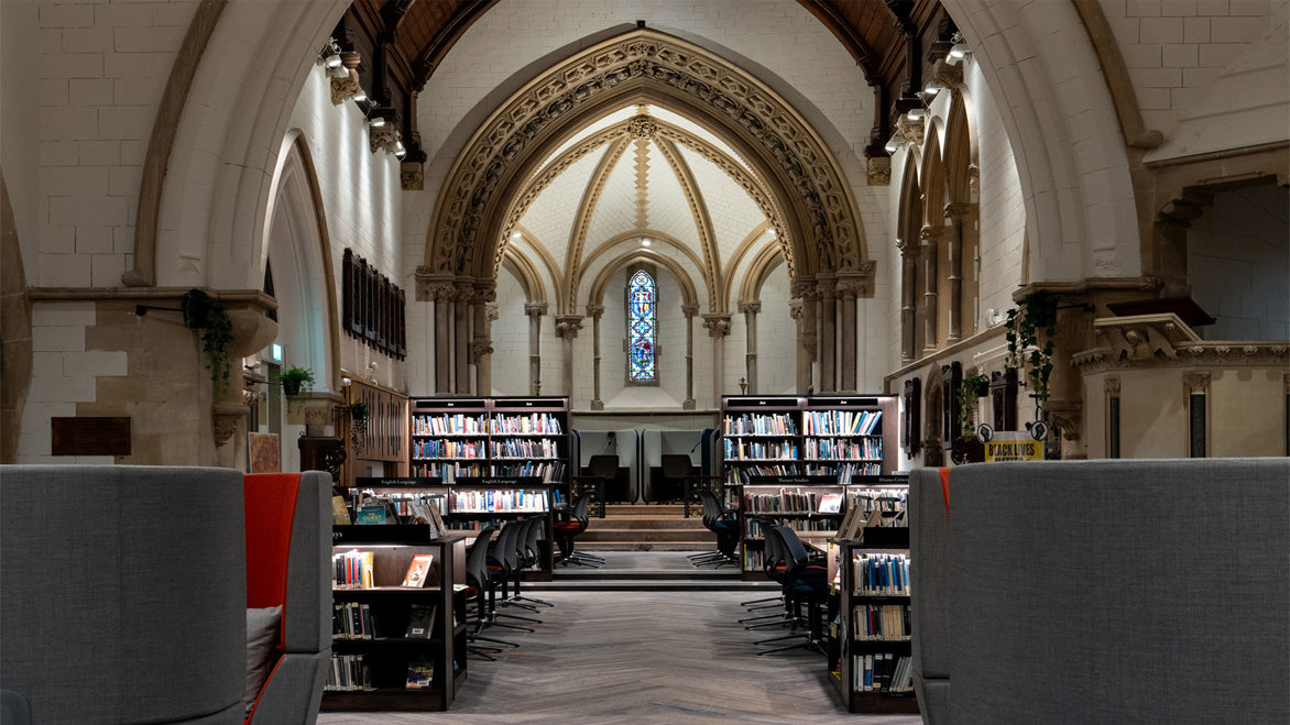 Bradfield College Library Bookshelves in the Arch