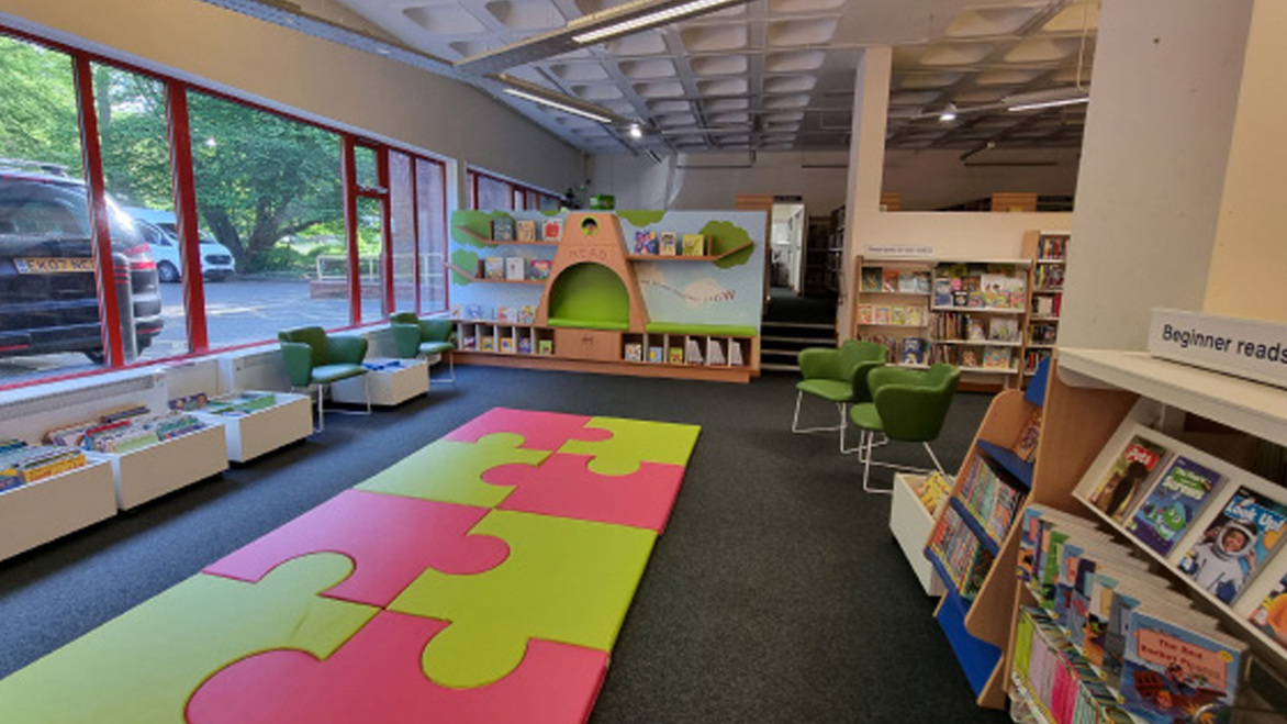 Welwyn Garden City Library, Hertfordshire new bright children's area, open spaces and shelving