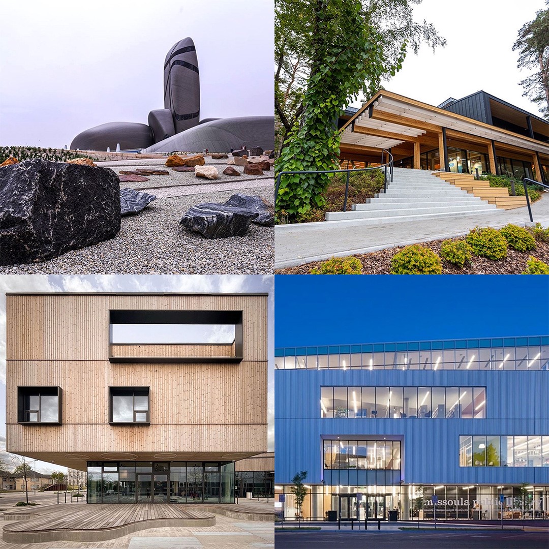 Four impressive libraries shortlisted for the IFLA/Systematic 2022 Public Library award: From left to right, Ithra Library in Saudi Arabia, Ogre Library in Latvia, Gellerup Library in Denmark and Missoula Library in the USA