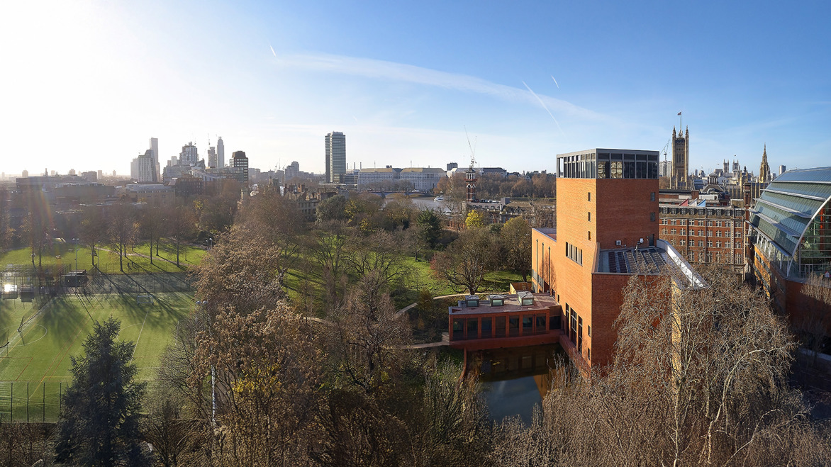 Wide shot of Lambeth Palace Library the surrounding area and skyline