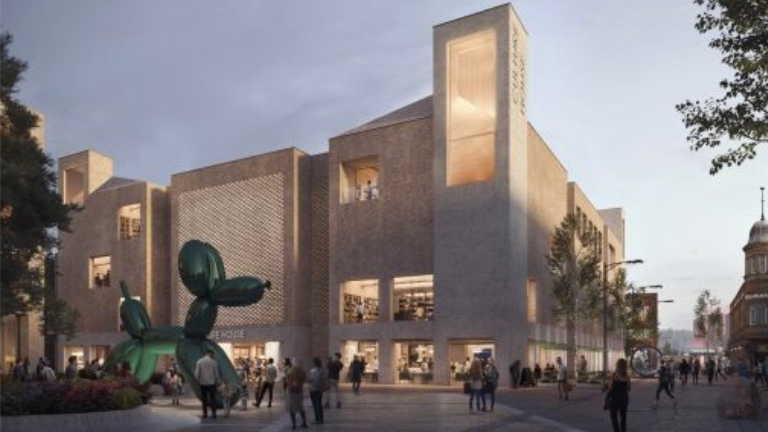 undefinedA photograph showing the exterior of Culture House with a giant balloon sculpture in front of it