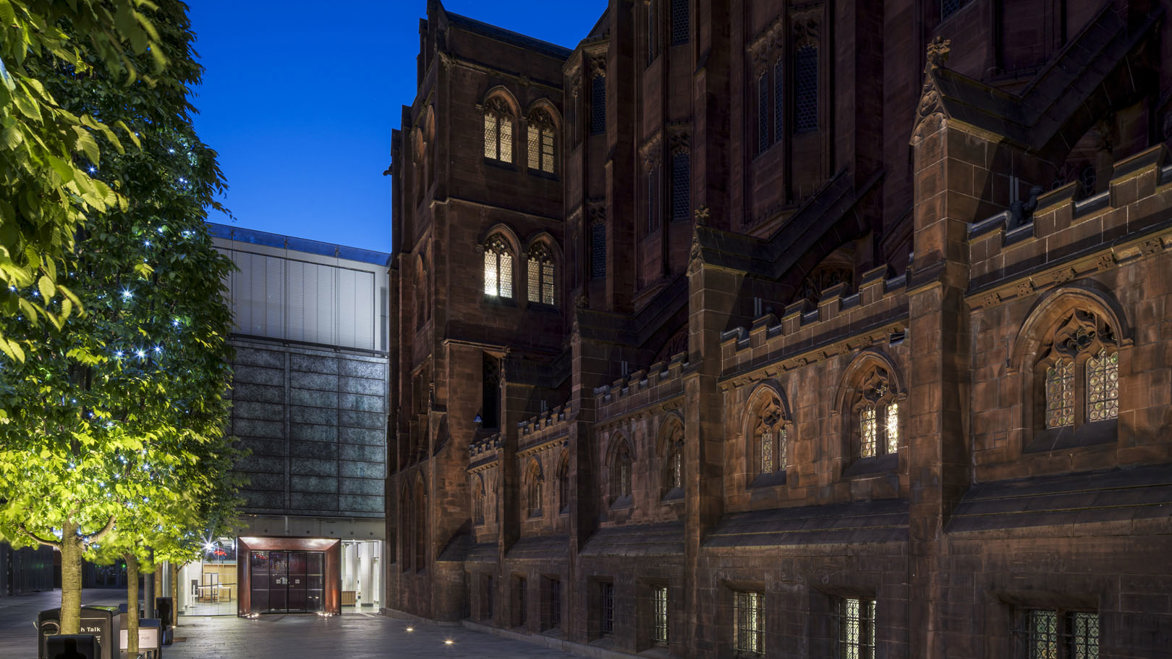 John Rylands Library, Manchester exterior at night 