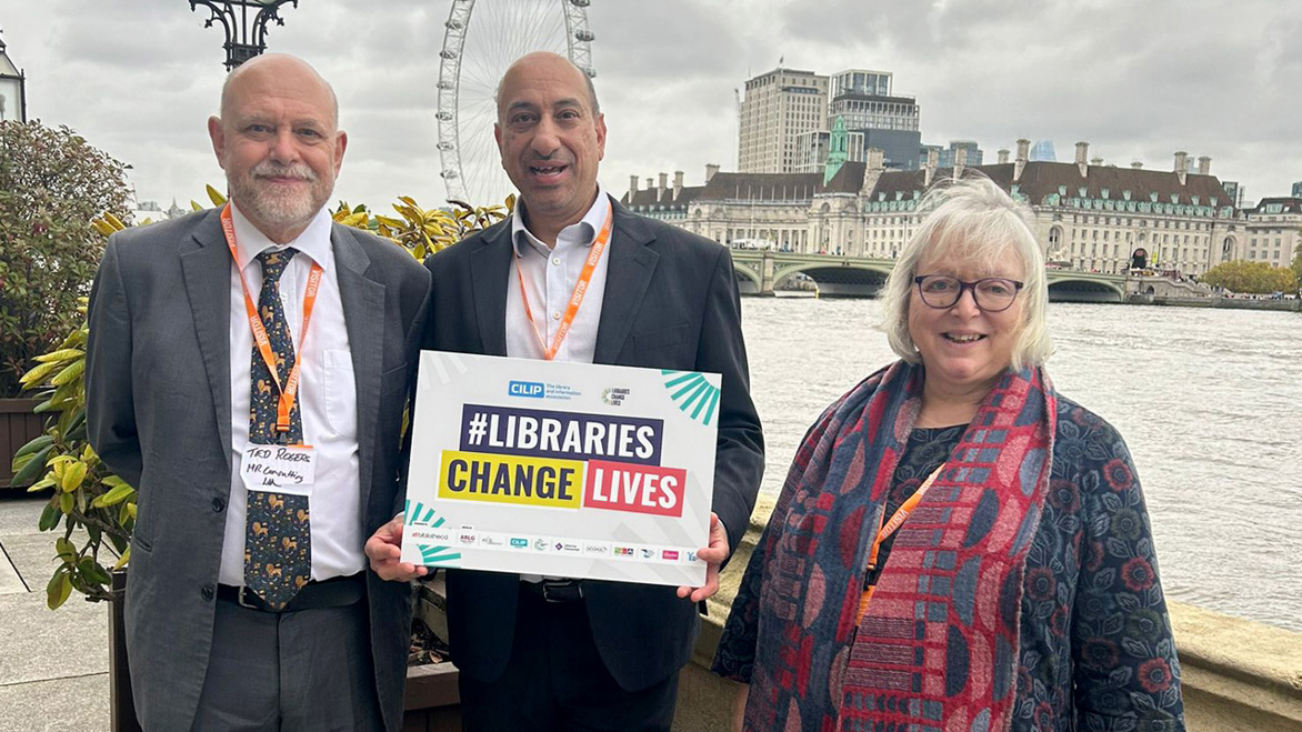 Ayub Khan With Sue Mckenzie and Ted Rogers at a Libraries Change Lives London Event