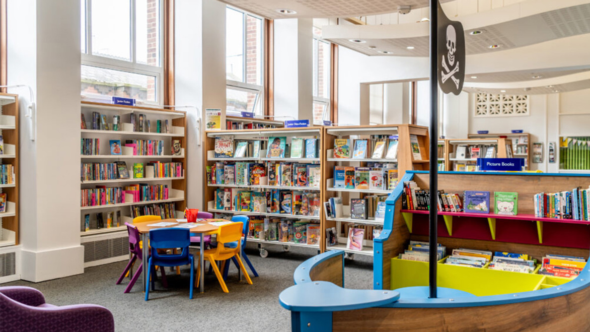 Bridlington Library Children's area with pirate reading boat 