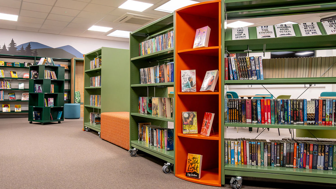 Chellaston Library Red And Green Bookshelves