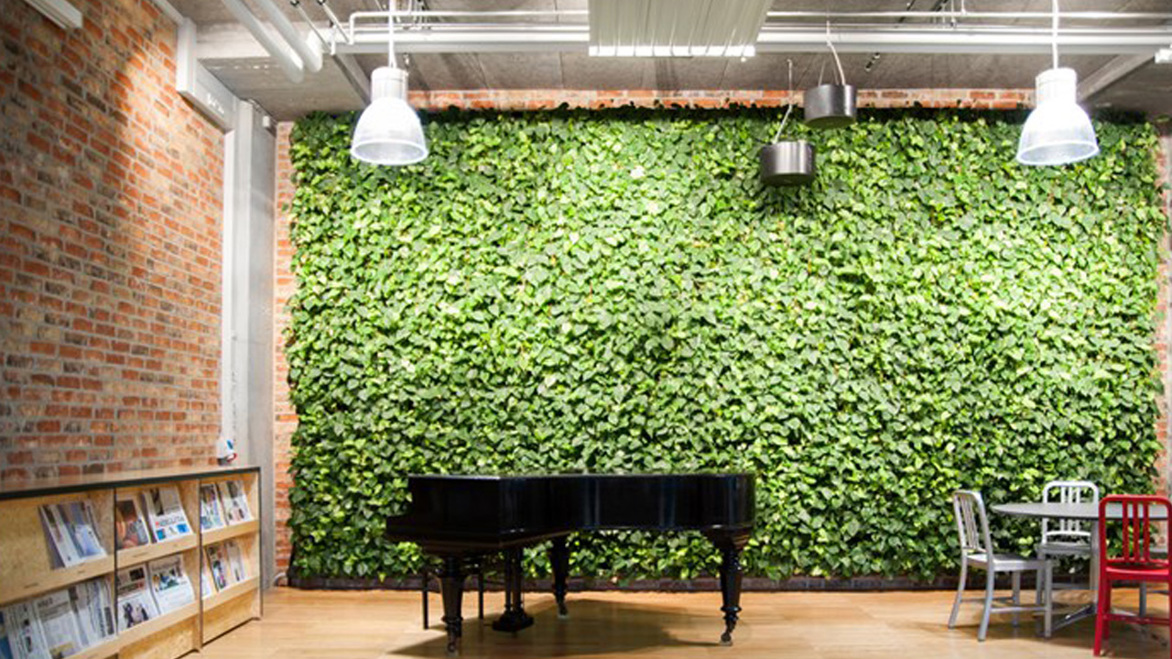 Green leafed library wall interior with a piano in front of it