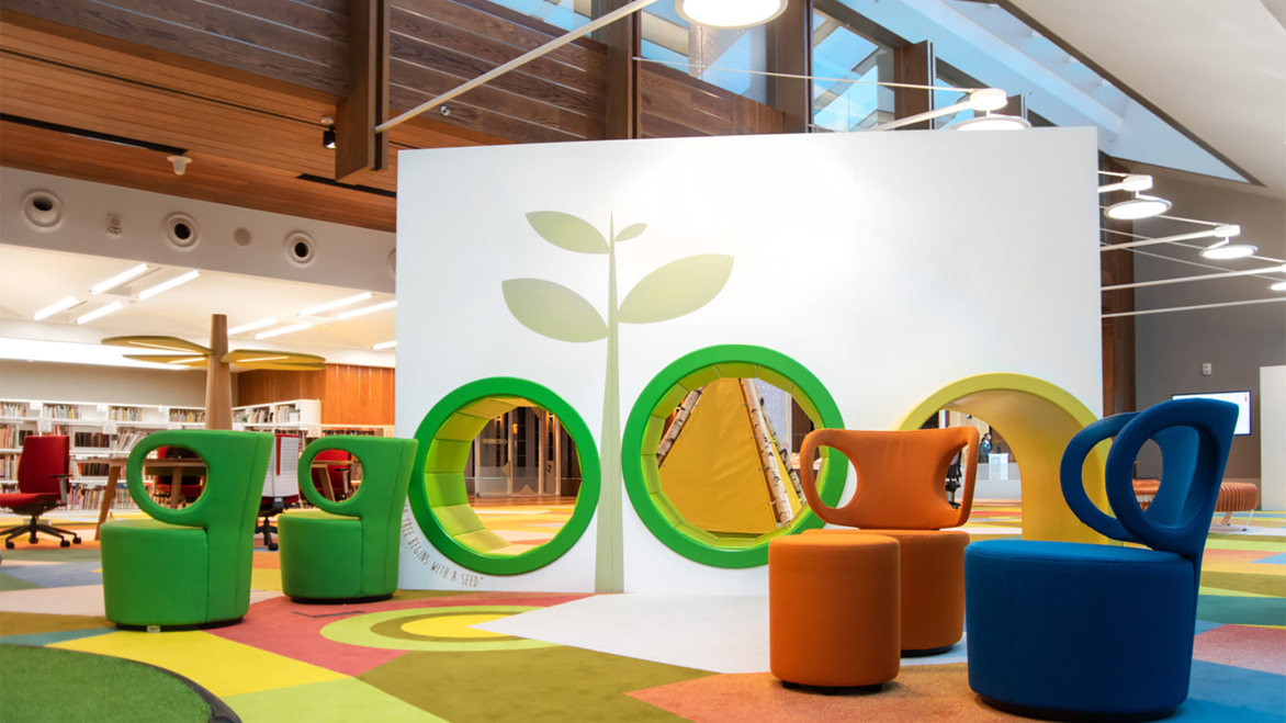 Leaf patterned display in the children's area of The Mohammed Bin Rashid Library