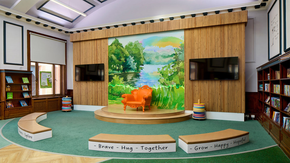 Darlington Library bright interior staging area with colourful country background art