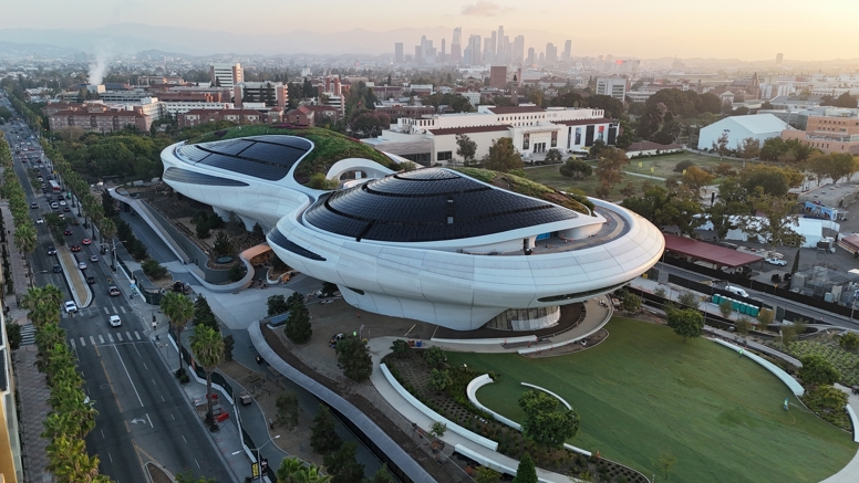 Drone footage of an exterior fly over of the Lucas Museum of Narrative Art