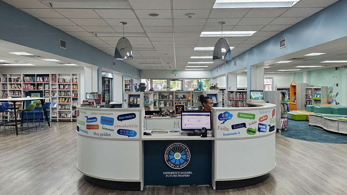 The International School of Port of Spain, Trindad and Tobago Library reception area