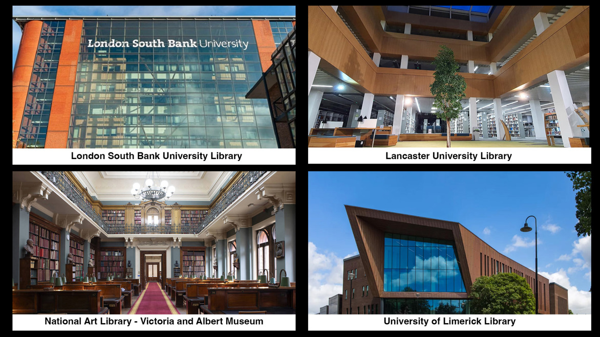 Sconul university library award winners collage featuring London South Bank University Library, Lancaster University Library, National Art Library, V & A Museum, University of Limerick Library