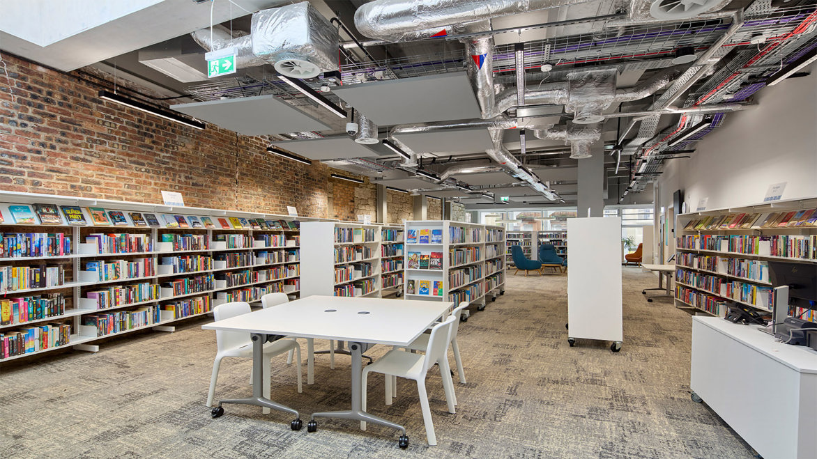 Paisley Library bright interior full of bookshelves