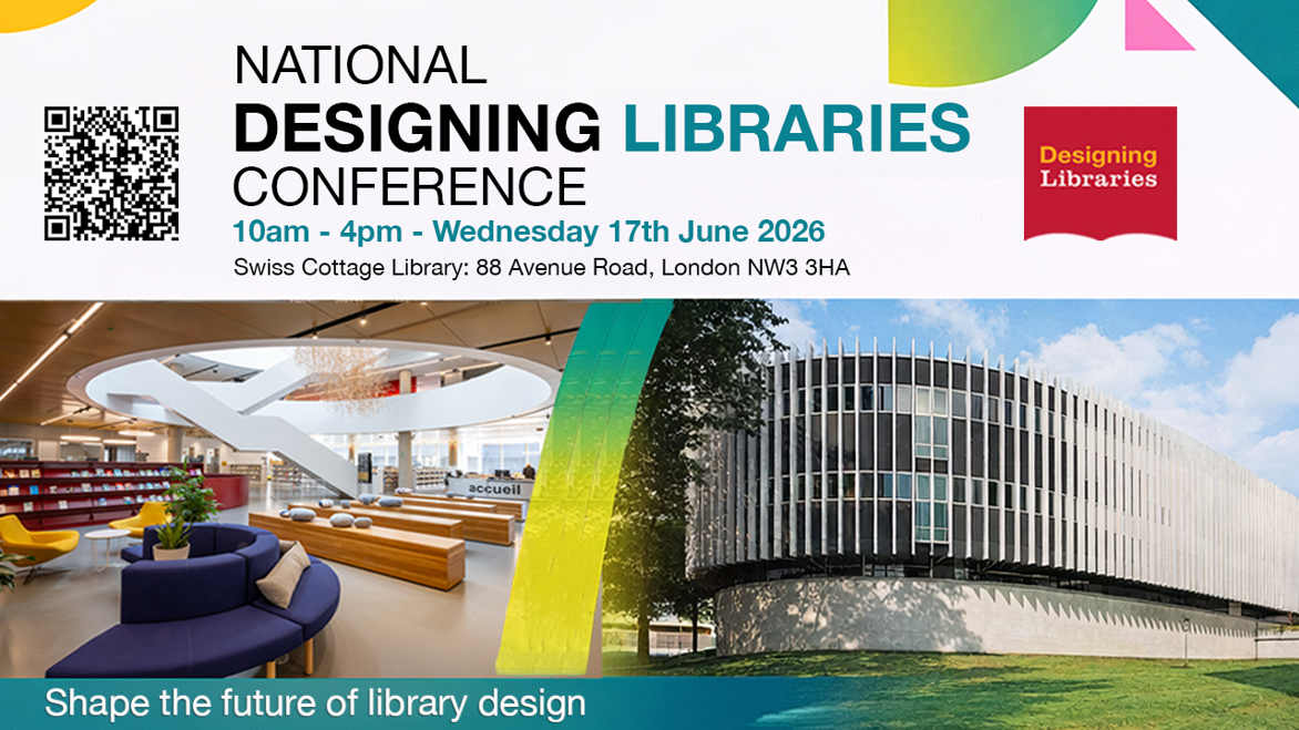 Poster for our National Designing Libraries Conference taking place on Wednesday 17th June 2026 - 10.am - 4pm