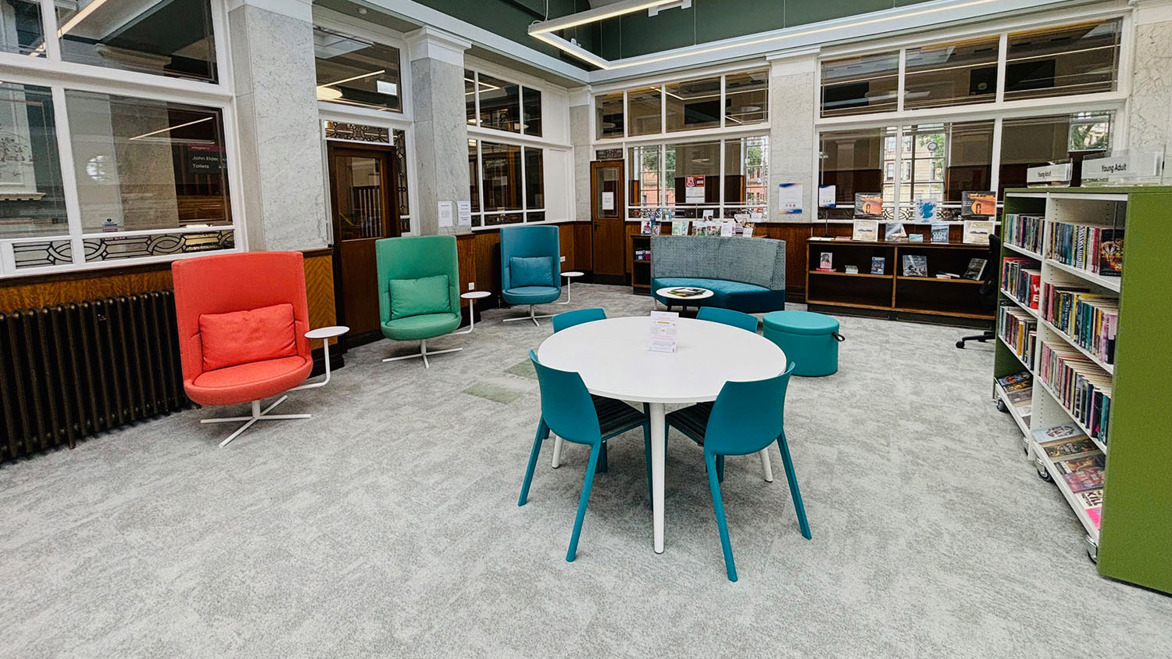 Elder Park Library interior with comfy chairs