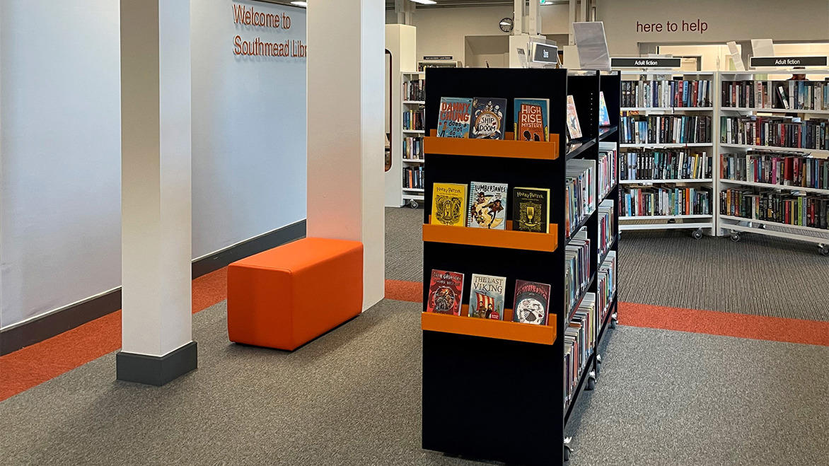 Southmead Library interior with striking bookshelves