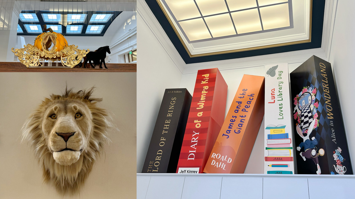 Models of children's book characters in the Bolton's new children's library including giant book, a cinderella stagecoach and Aslan!