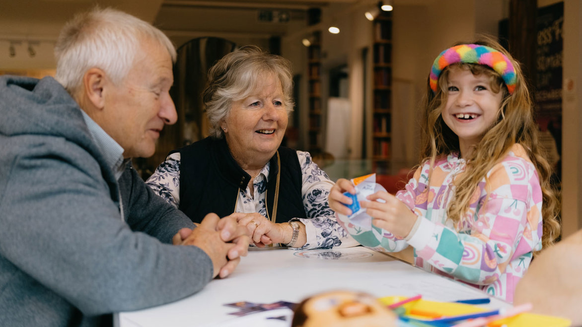 Family activity space themed session with grandparents and granddaughter in The Amelia Scott building